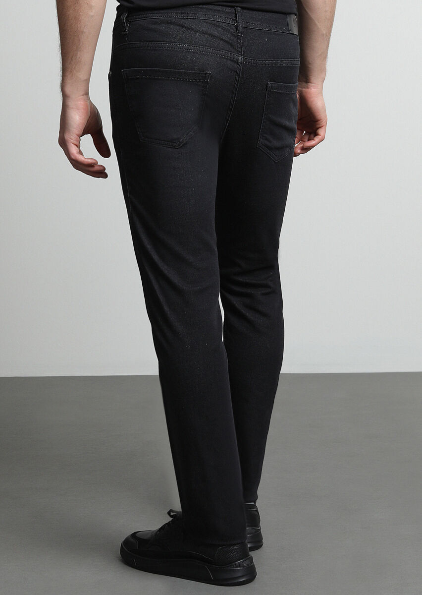 Siyah Düz Slim Fit Denim Pamuk Karışımlı Pantolon - 3