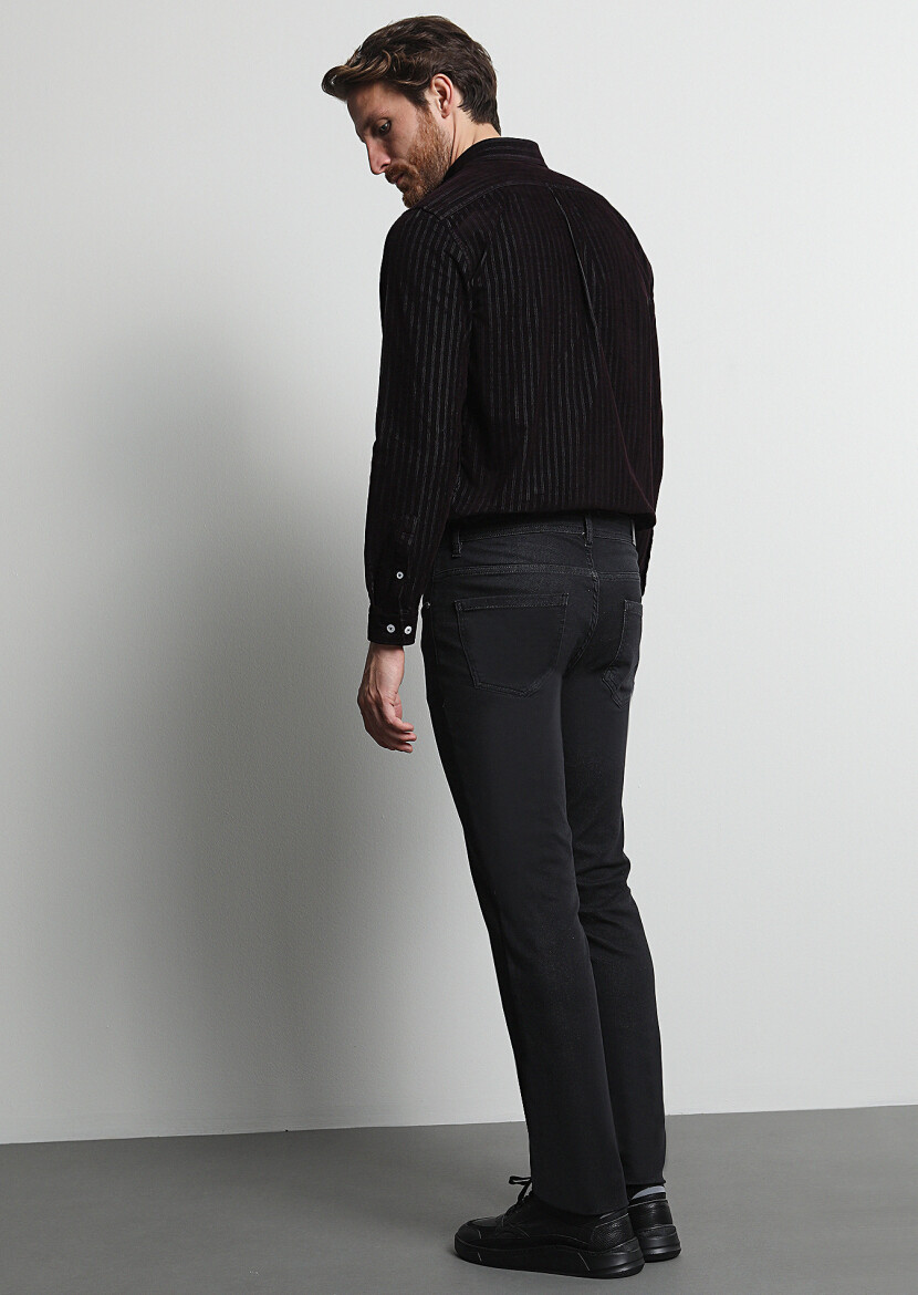 Siyah Düz Slim Fit Denim Pamuk Karışımlı Pantolon - 4