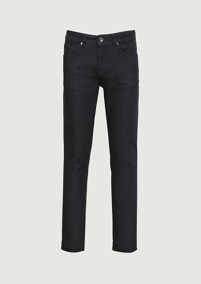 Siyah Düz Slim Fit Denim Pamuk Karışımlı Pantolon - 6