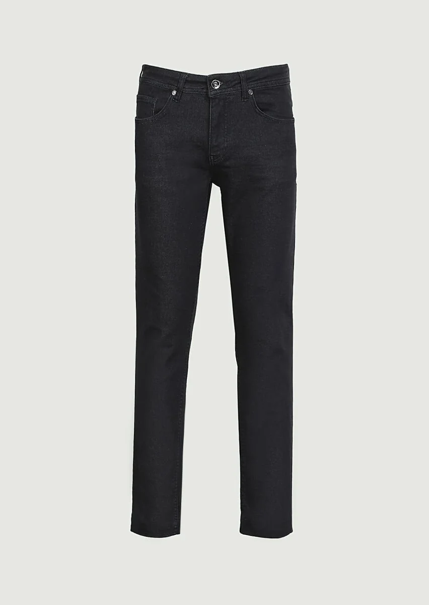 Siyah Düz Slim Fit Denim Pamuk Karışımlı Pantolon - 6