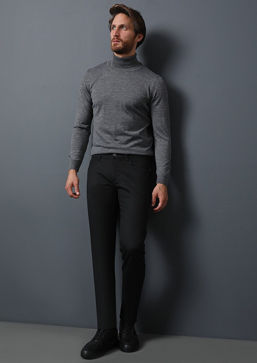 Siyah Düz Slim Fit Denim Pamuk Karışımlı Pantolon - 1