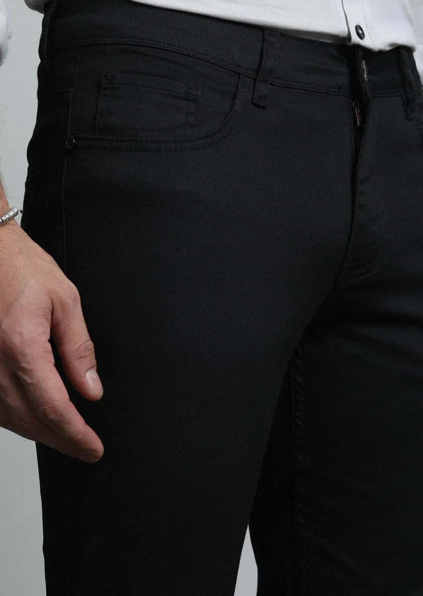 Siyah Düz Slim Fit Denim Pamuk Karışımlı Pantolon - 2