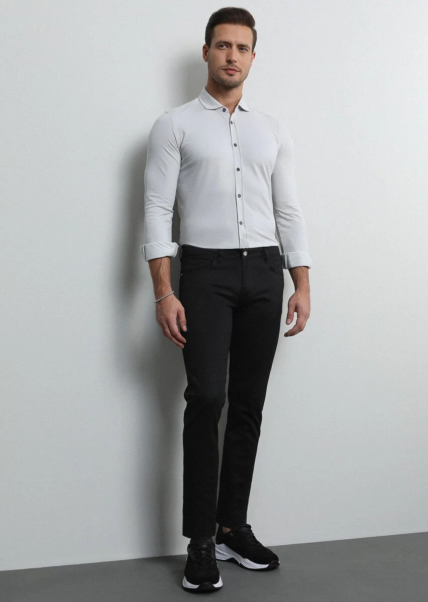 Siyah Düz Slim Fit Denim Pamuk Karışımlı Pantolon - 3