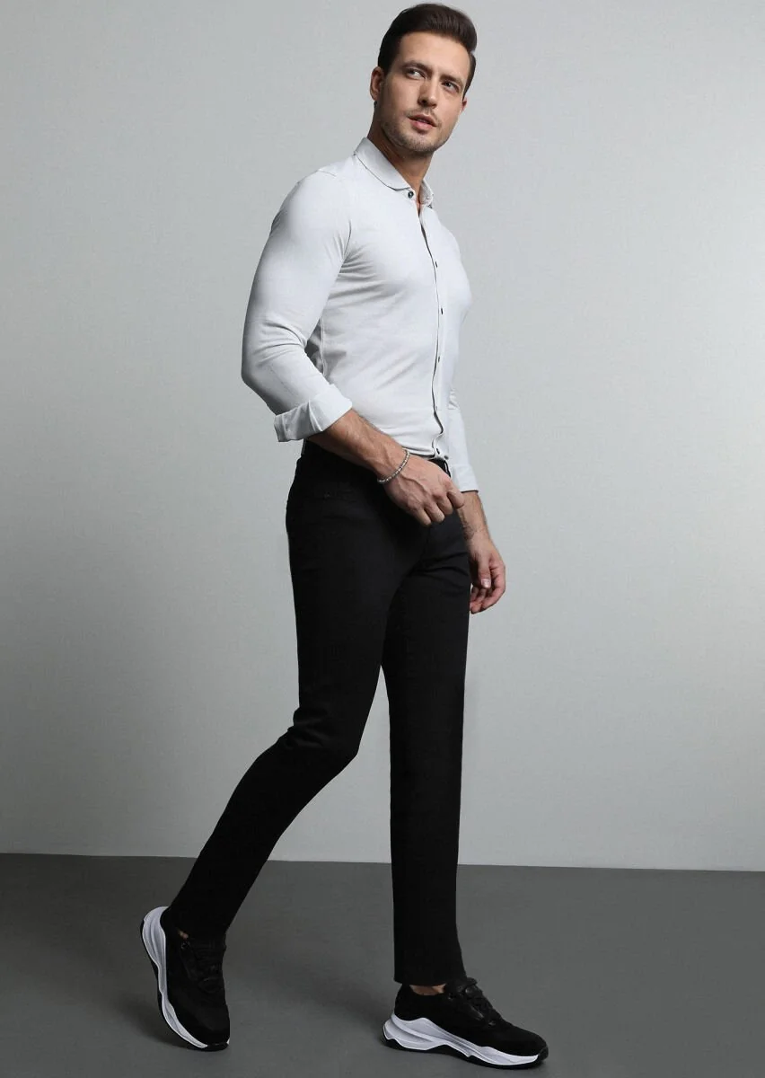 Siyah Düz Slim Fit Denim Pamuk Karışımlı Pantolon - 4