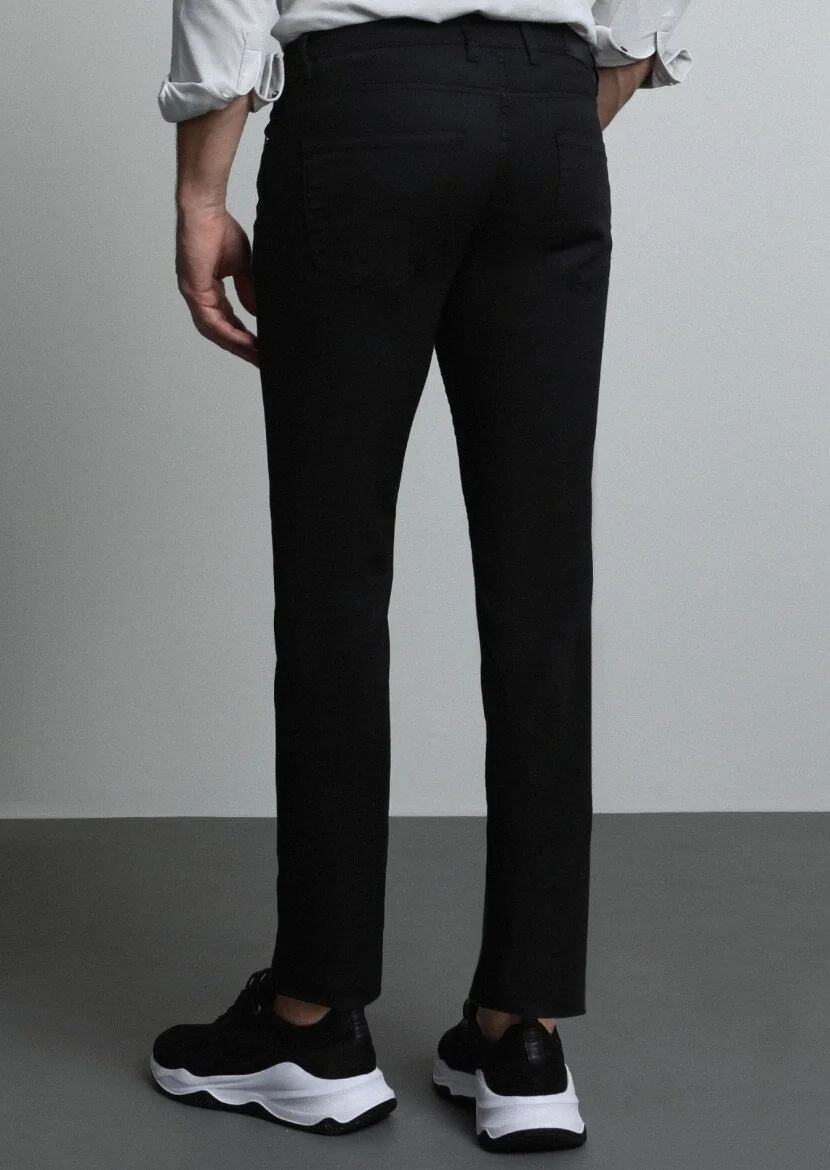 Siyah Düz Slim Fit Denim Pamuk Karışımlı Pantolon - 5