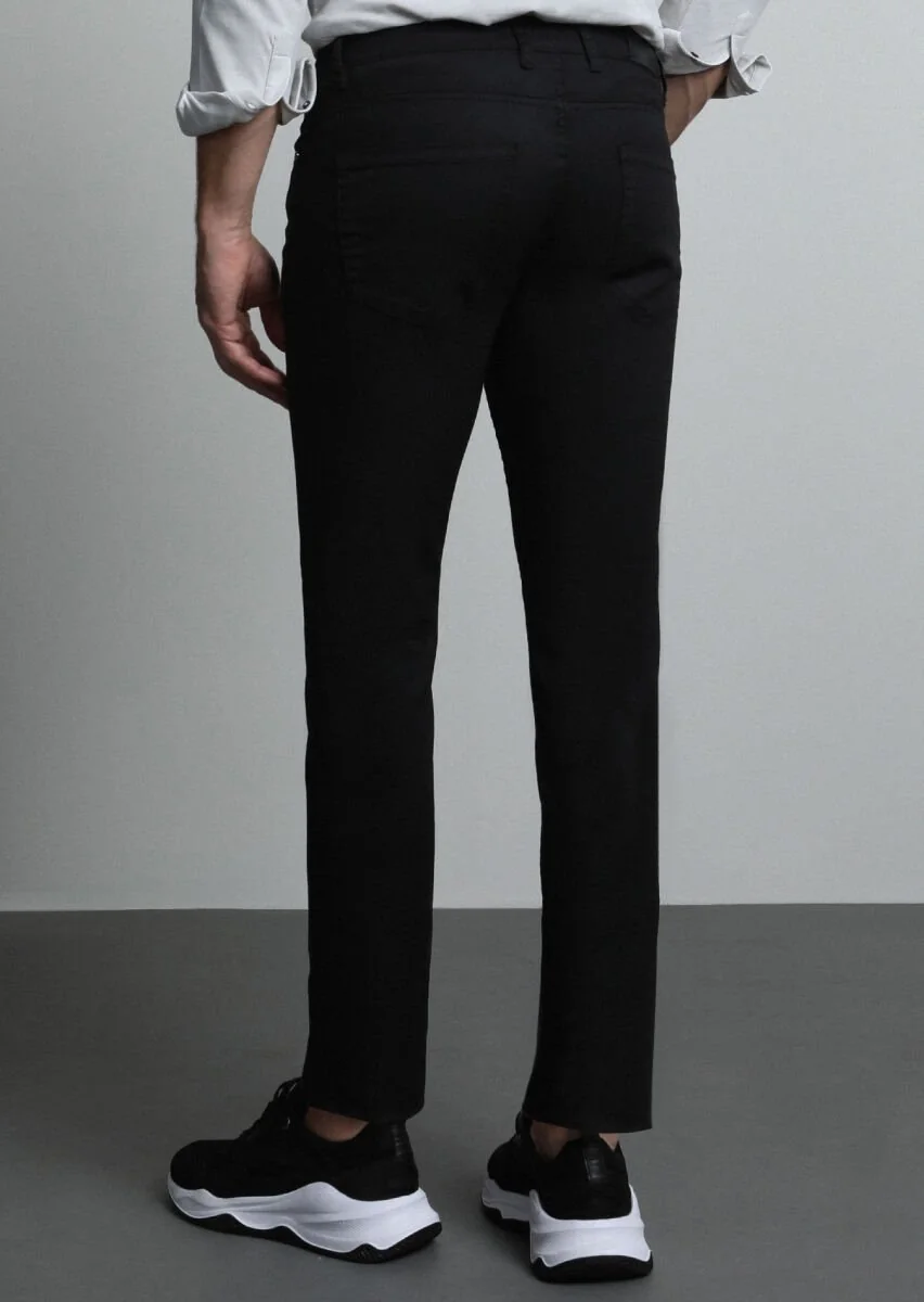 Siyah Düz Slim Fit Denim Pamuk Karışımlı Pantolon - 5