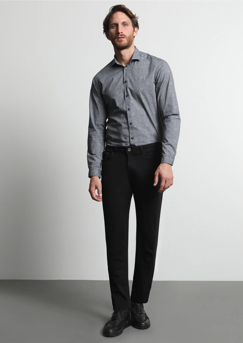Siyah Düz Slim Fit Denim Pamuk Karışımlı Pantolon - 1