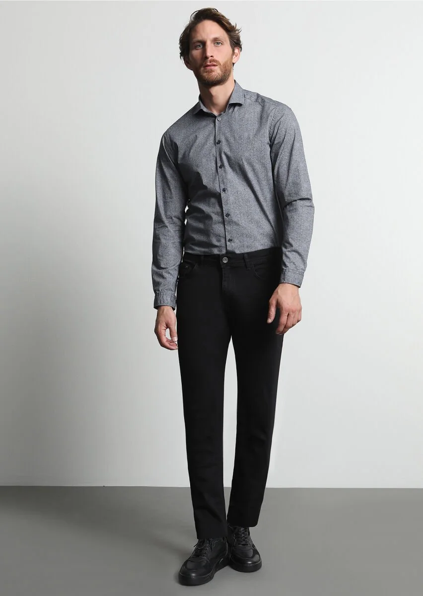 Siyah Düz Slim Fit Denim Pamuk Karışımlı Pantolon - 1