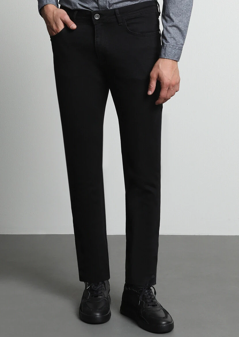 Siyah Düz Slim Fit Denim Pamuk Karışımlı Pantolon - 2