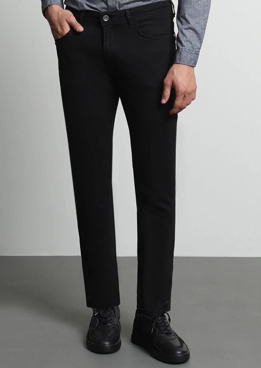 Siyah Düz Slim Fit Denim Pamuk Karışımlı Pantolon - 2