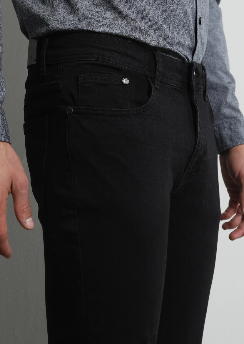 Siyah Düz Slim Fit Denim Pamuk Karışımlı Pantolon - 3