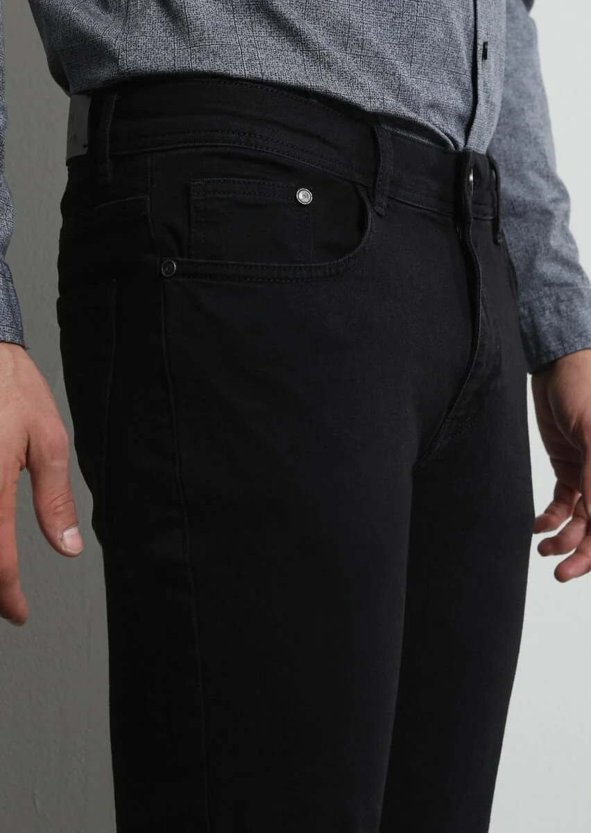 Siyah Düz Slim Fit Denim Pamuk Karışımlı Pantolon - 3
