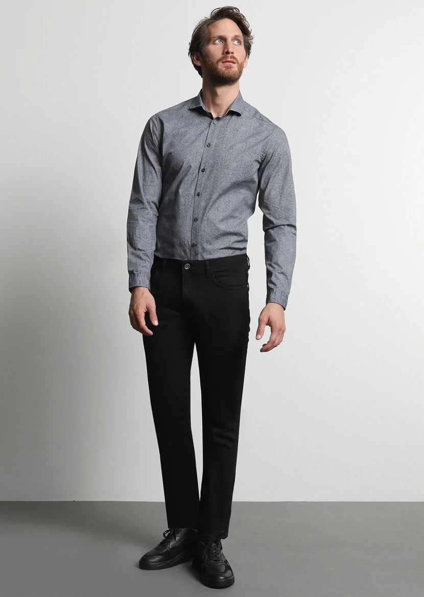 Siyah Düz Slim Fit Denim Pamuk Karışımlı Pantolon - 4