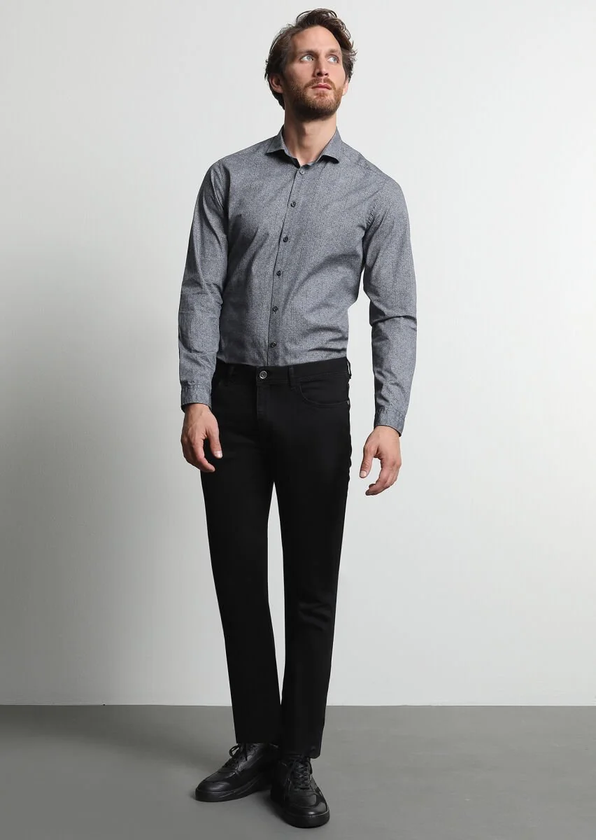Siyah Düz Slim Fit Denim Pamuk Karışımlı Pantolon - 4