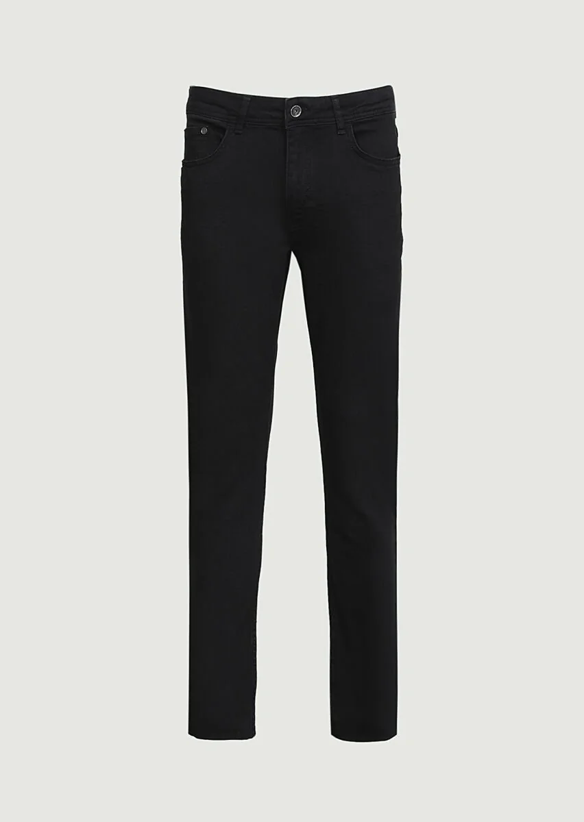 Siyah Düz Slim Fit Denim Pamuk Karışımlı Pantolon - 6