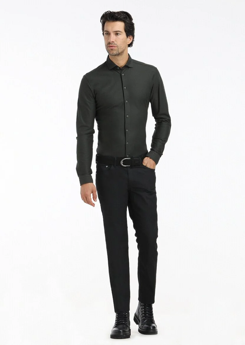 Siyah Düz Slim Fit Denim Pamuk Karışımlı Pantolon - 1