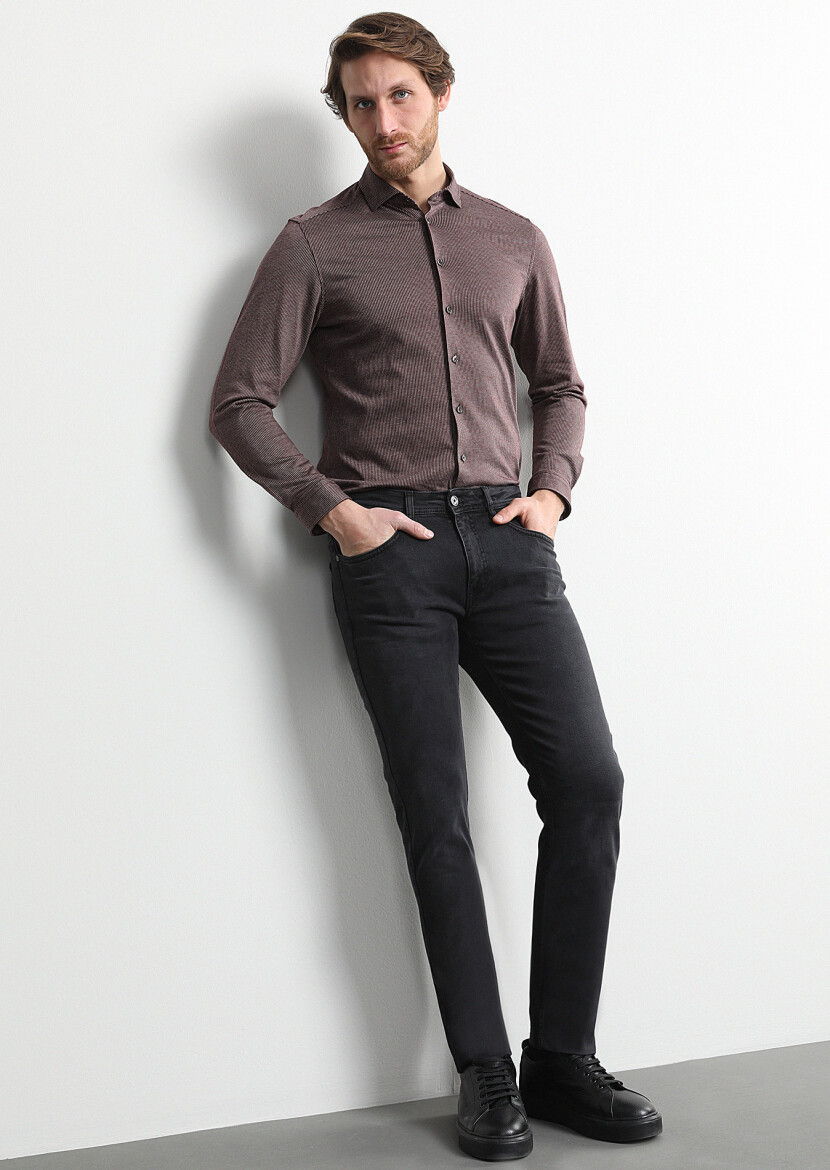 Siyah Düz Slim Fit Denim Pamuk Karışımlı Pantolon - 1