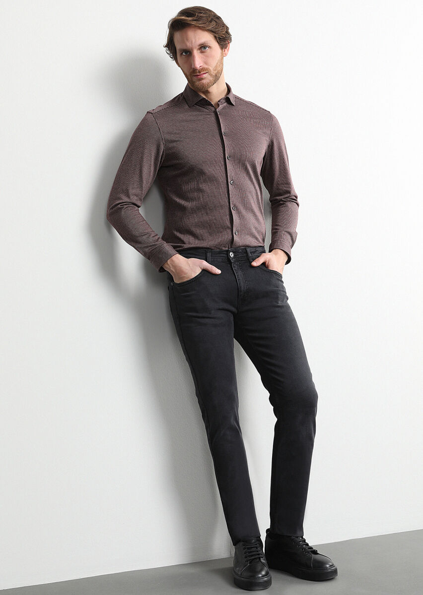 Siyah Düz Slim Fit Denim Pamuk Karışımlı Pantolon - 1