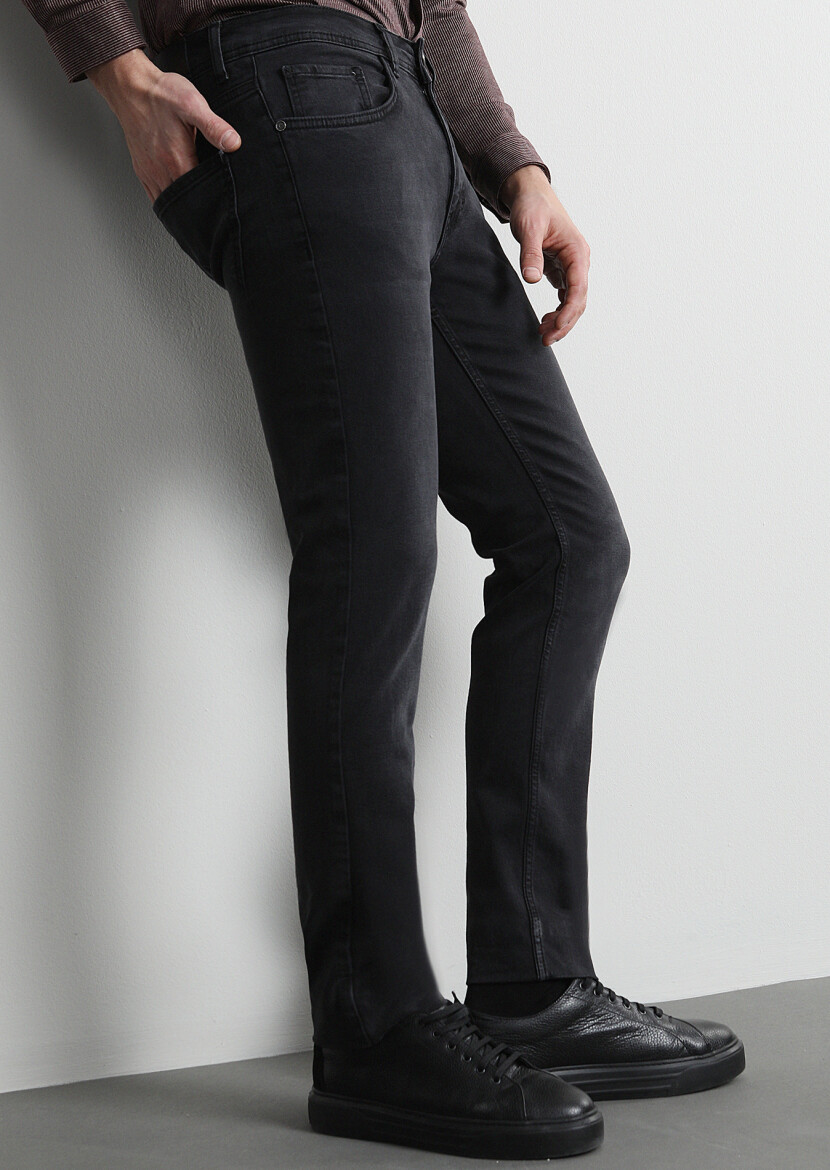 Siyah Düz Slim Fit Denim Pamuk Karışımlı Pantolon - 3