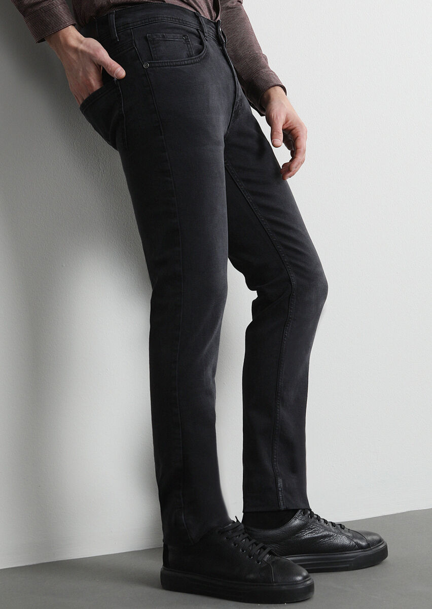 Siyah Düz Slim Fit Denim Pamuk Karışımlı Pantolon - 3