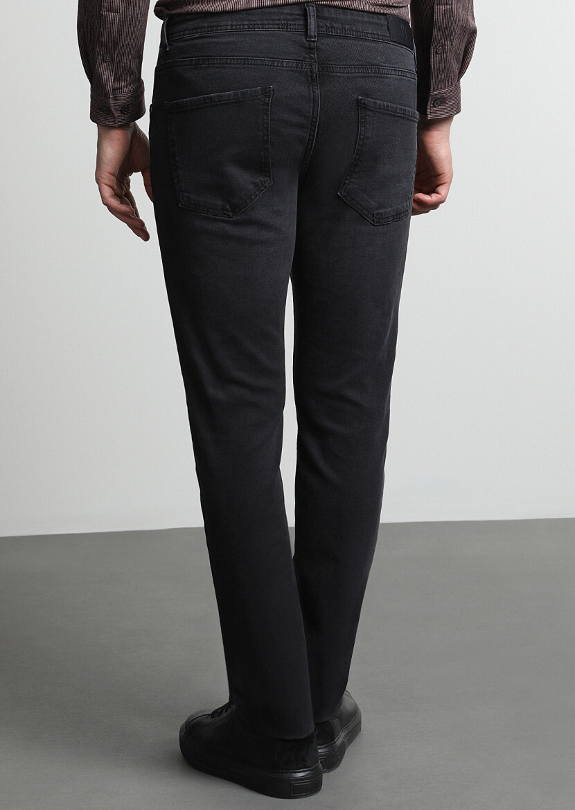 Siyah Düz Slim Fit Denim Pamuk Karışımlı Pantolon - 4