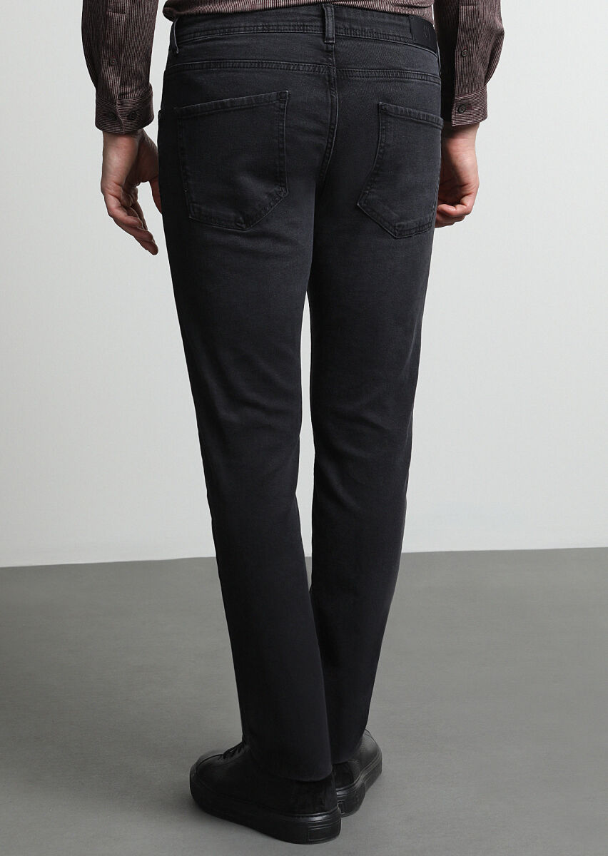 Siyah Düz Slim Fit Denim Pamuk Karışımlı Pantolon - 4