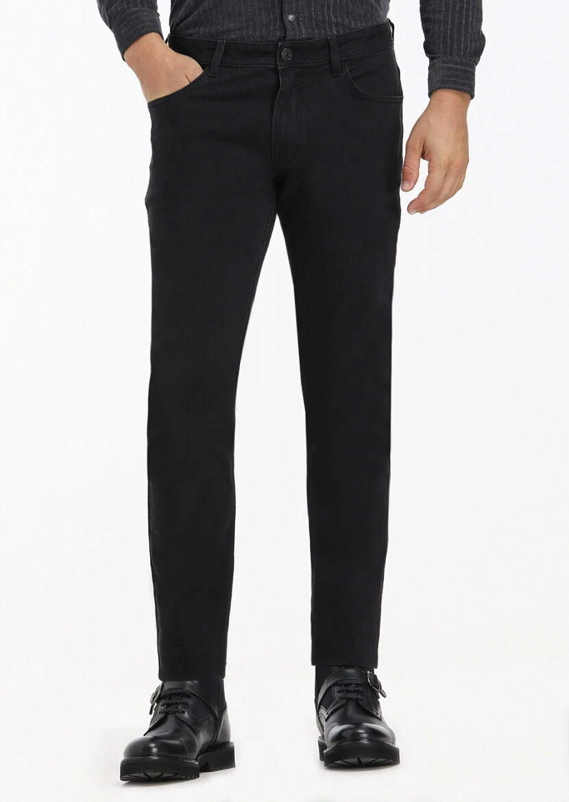 Siyah Düz Slim Fit Denim Pamuk Karışımlı Pantolon - 2