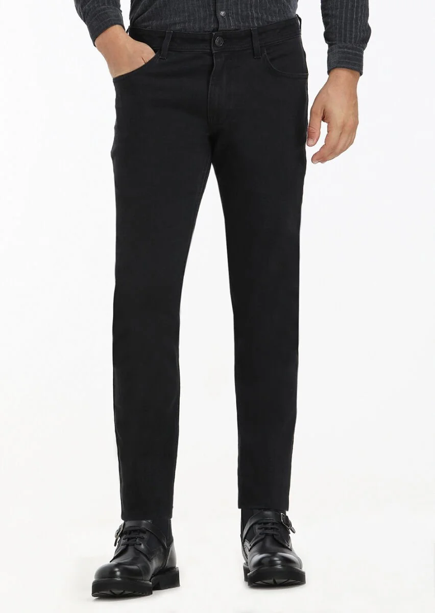 Siyah Düz Slim Fit Denim Pamuk Karışımlı Pantolon - 2