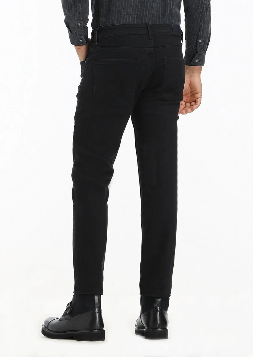 Siyah Düz Slim Fit Denim Pamuk Karışımlı Pantolon - 4
