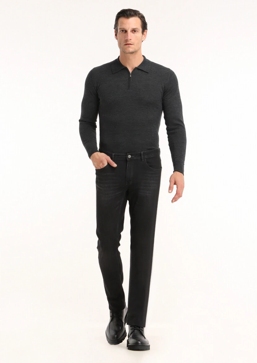 Siyah Düz Slim Fit Denim Pamuk Karışımlı Pantolon - 1