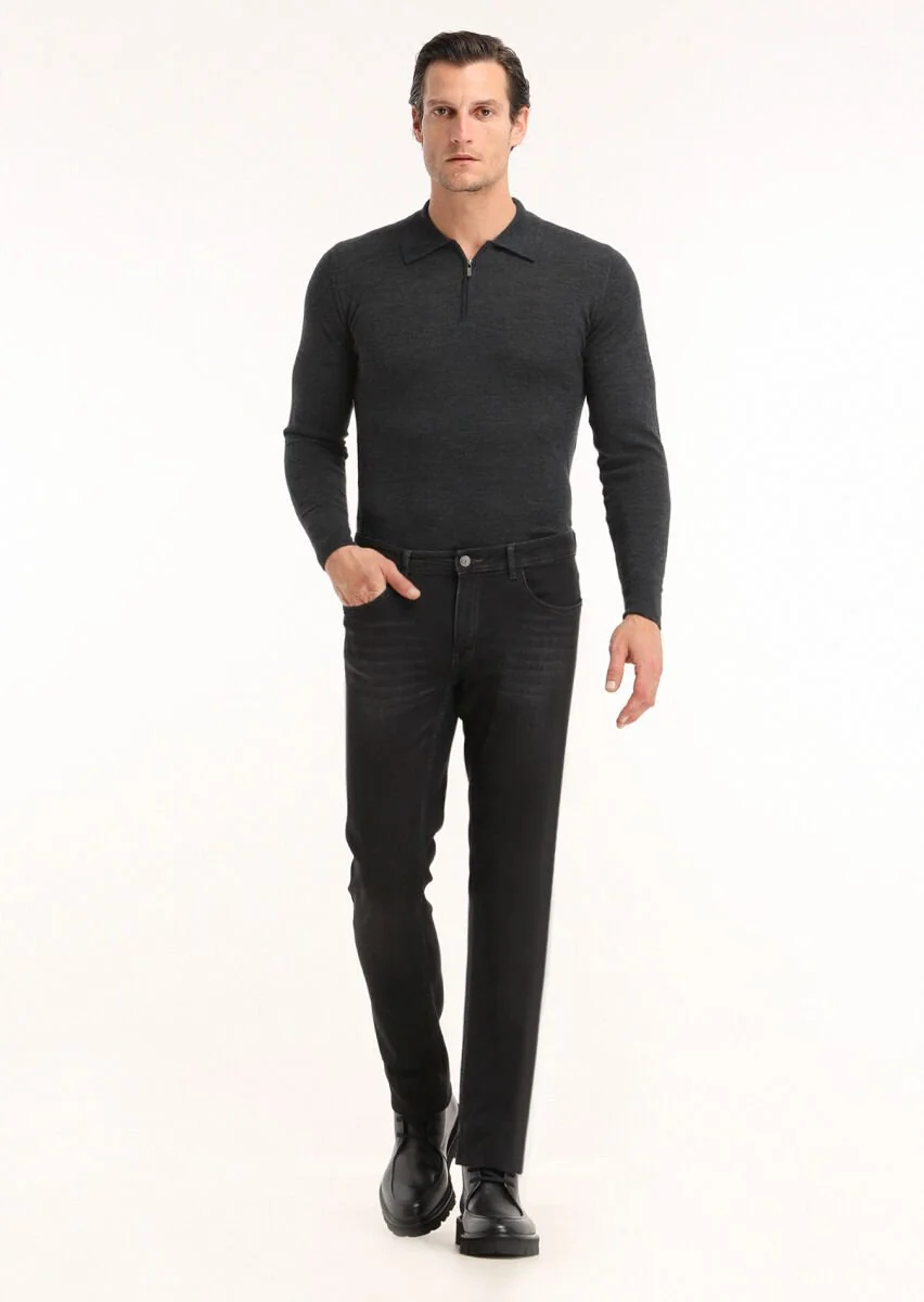 Siyah Düz Slim Fit Denim Pamuk Karışımlı Pantolon - 1