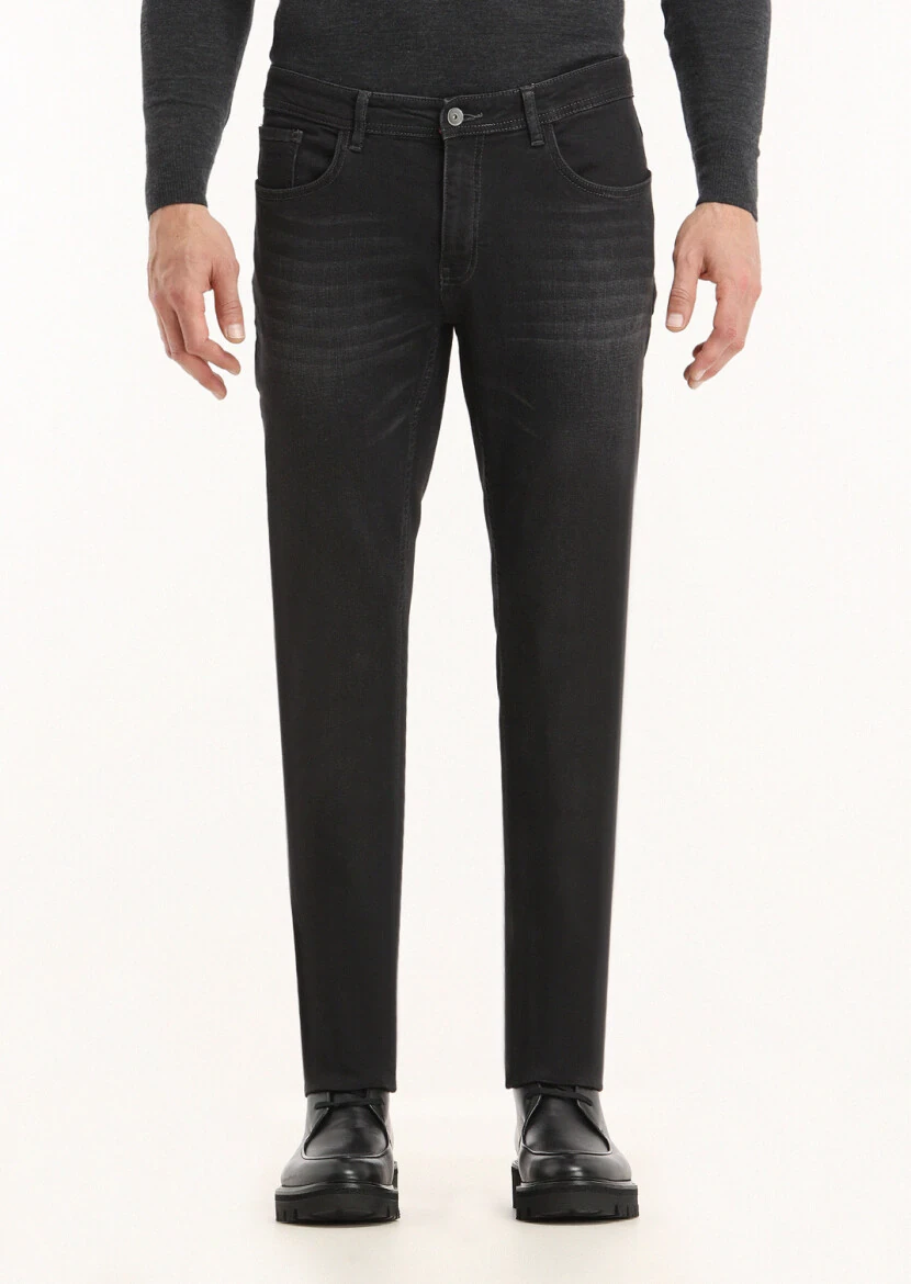 Siyah Düz Slim Fit Denim Pamuk Karışımlı Pantolon - 2