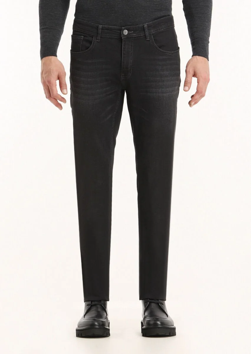 Siyah Düz Slim Fit Denim Pamuk Karışımlı Pantolon - 2