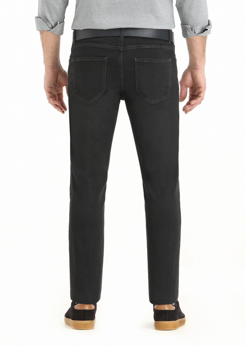 Siyah Düz Slim Fit Denim Pamuk Karışımlı Pantolon - 4