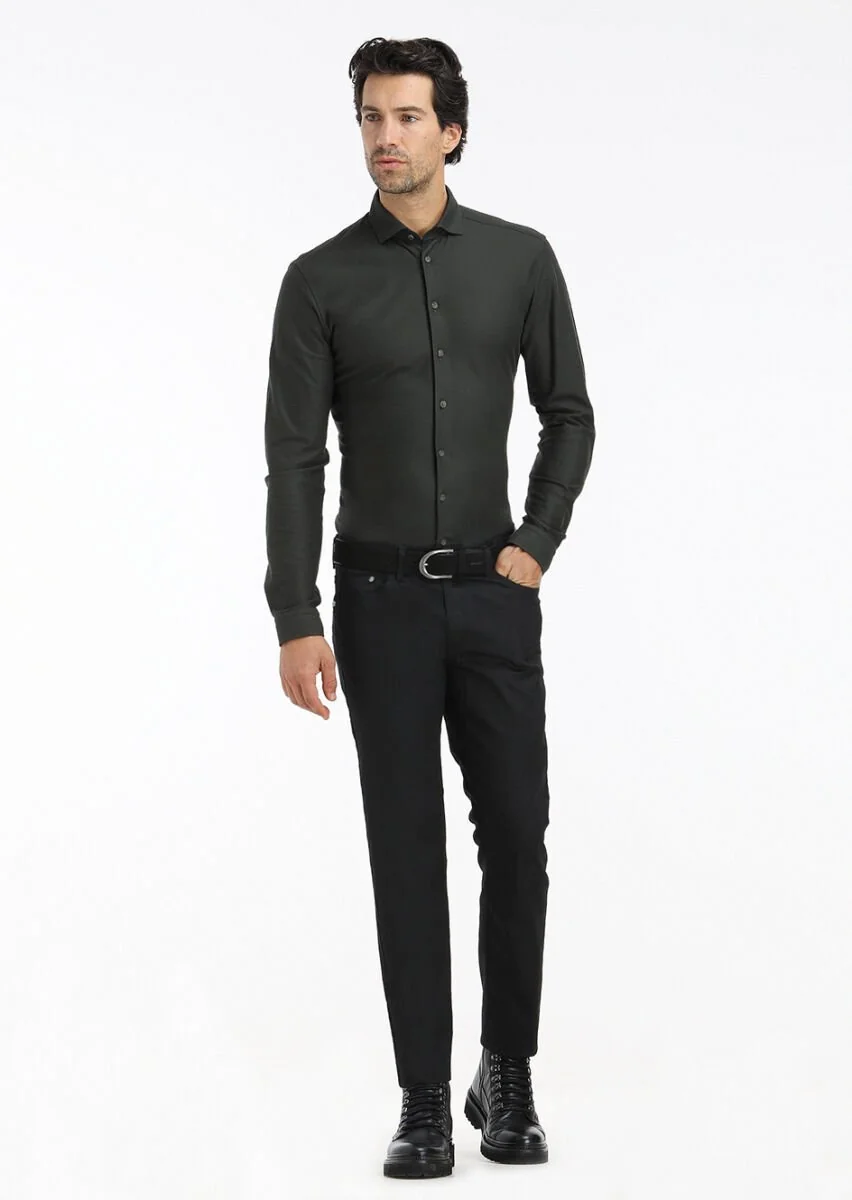 Siyah Düz Slim Fit Denim Pamuk Karışımlı Pantolon - 1