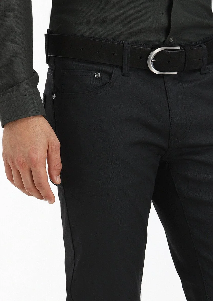 Siyah Düz Slim Fit Denim Pamuk Karışımlı Pantolon - 2