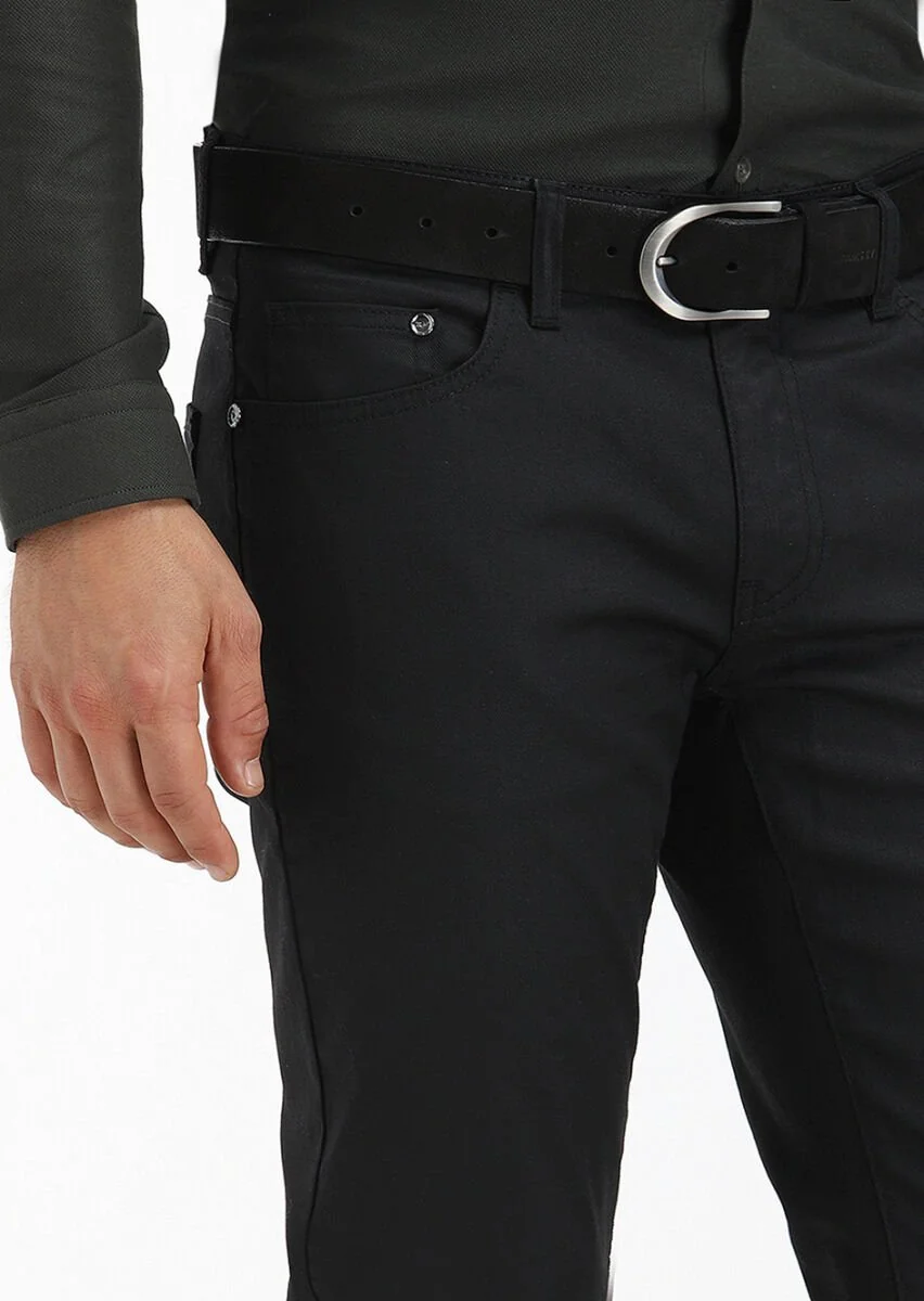 Siyah Düz Slim Fit Denim Pamuk Karışımlı Pantolon - 2