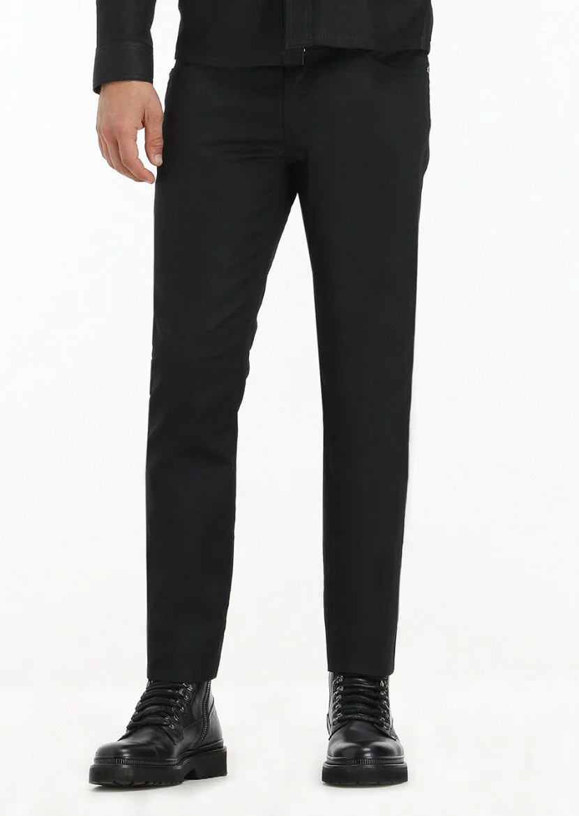 Siyah Düz Slim Fit Denim Pamuk Karışımlı Pantolon - 3