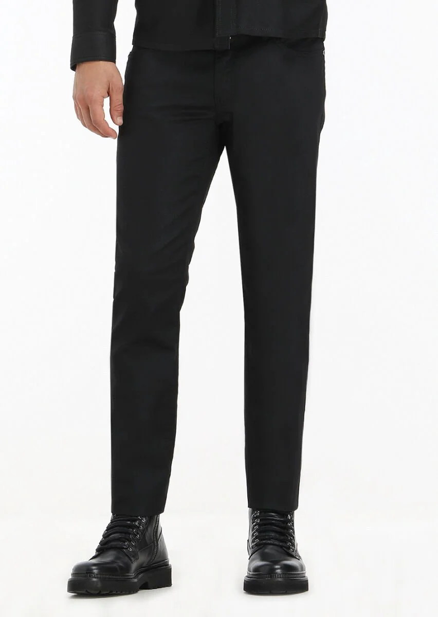 Siyah Düz Slim Fit Denim Pamuk Karışımlı Pantolon - 3