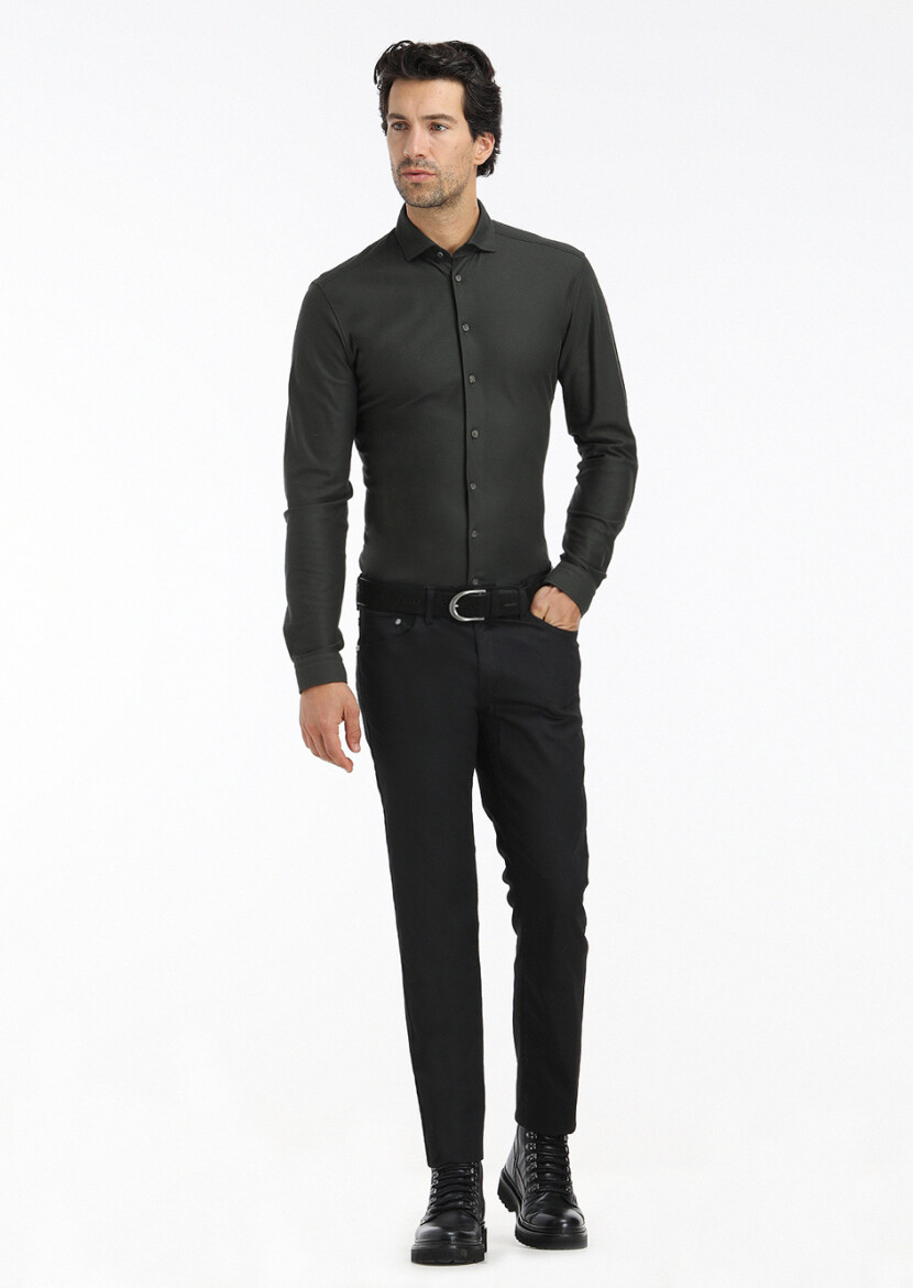 Siyah Düz Slim Fit Denim Pamuk Karışımlı Pantolon - 1