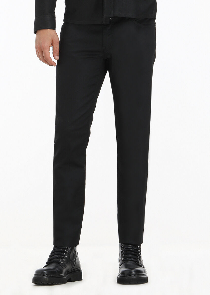 Siyah Düz Slim Fit Denim Pamuk Karışımlı Pantolon - 3