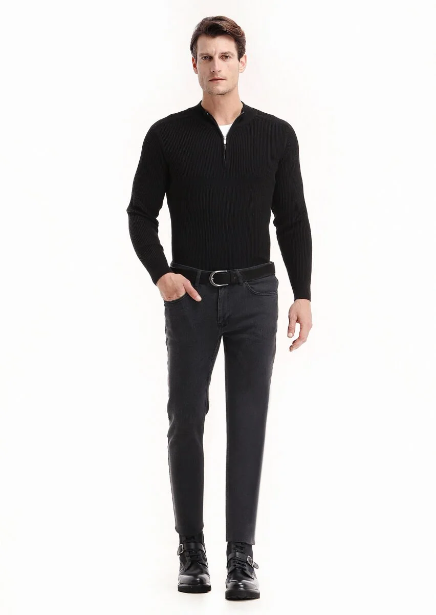 Siyah Düz Slim Fit Denim Pamuk Karışımlı Pantolon - 1