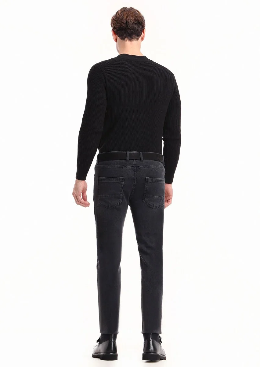 Siyah Düz Slim Fit Denim Pamuk Karışımlı Pantolon - 4
