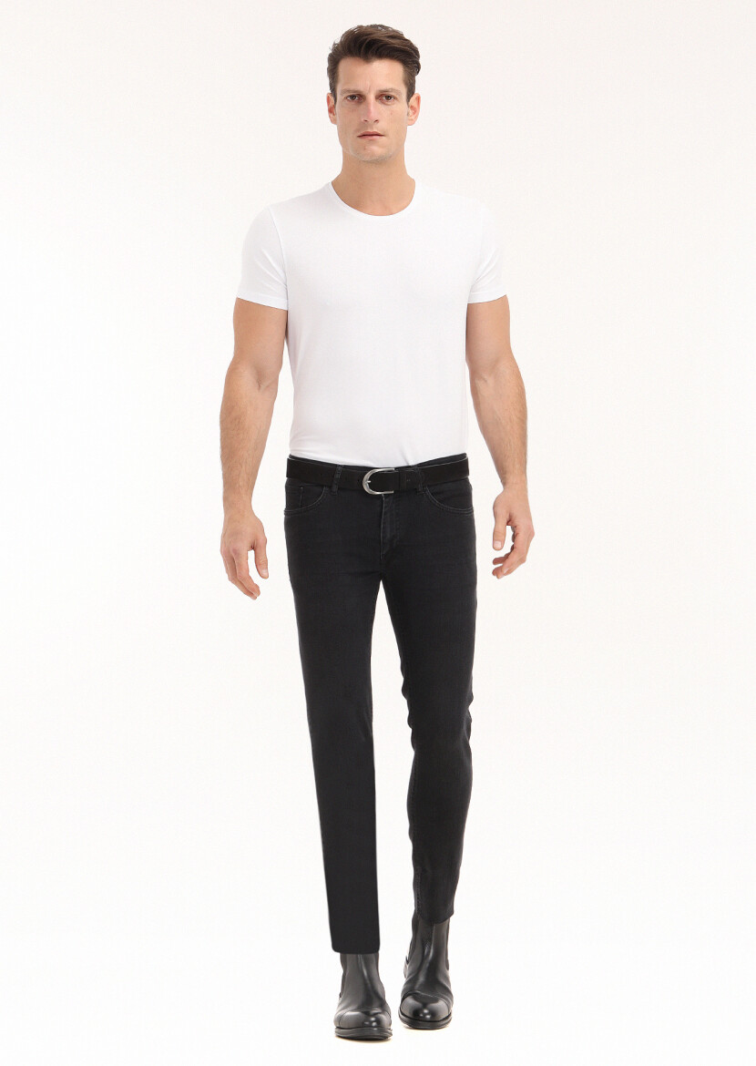 Siyah Düz Slim Fit Denim Pamuk Karışımlı Pantolon - 1