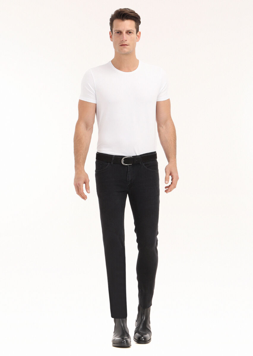 Siyah Düz Slim Fit Denim Pamuk Karışımlı Pantolon - 1