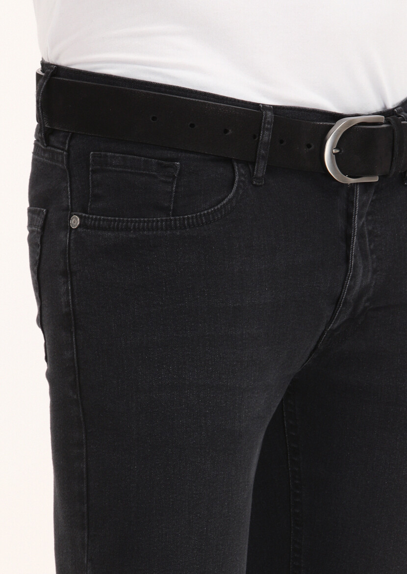Siyah Düz Slim Fit Denim Pamuk Karışımlı Pantolon - 3