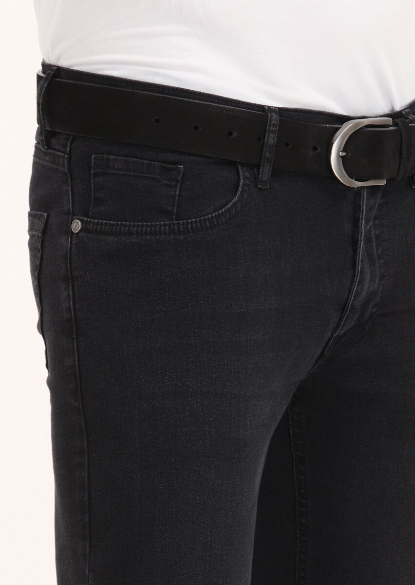 Siyah Düz Slim Fit Denim Pamuk Karışımlı Pantolon - 3