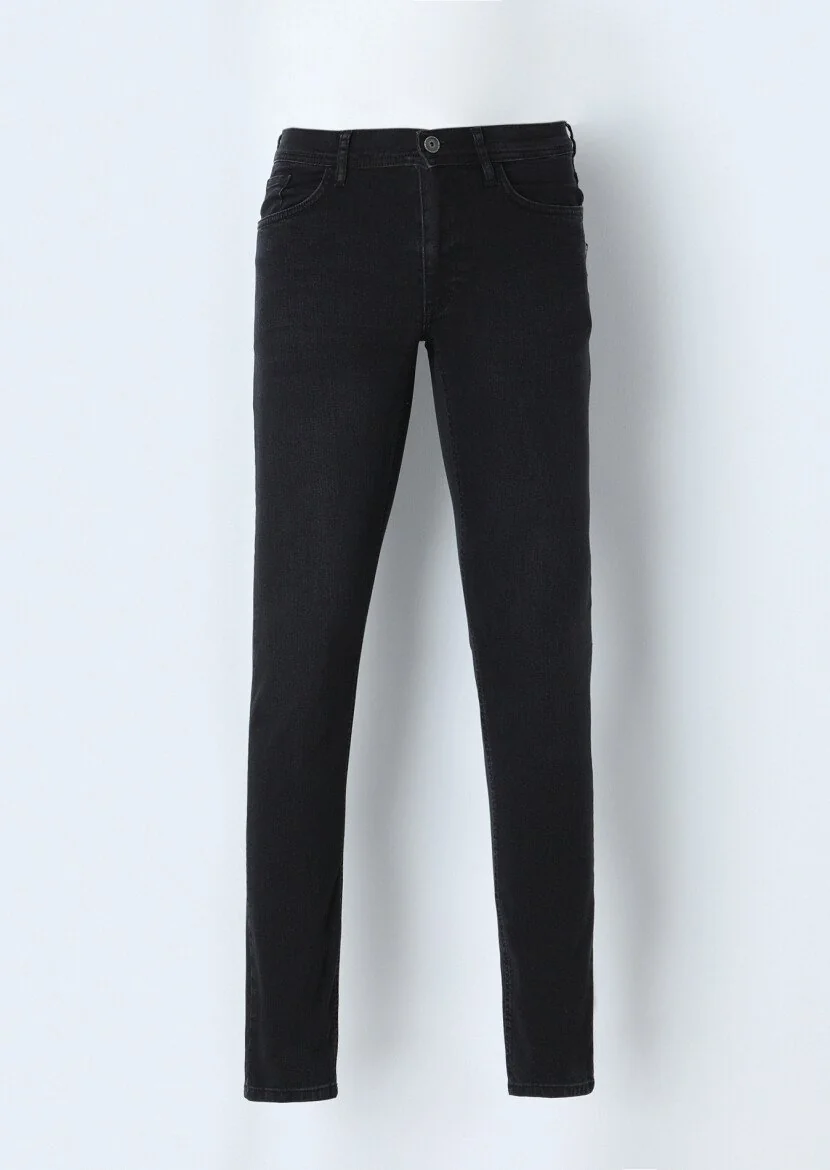 Siyah Düz Slim Fit Denim Pamuk Karışımlı Pantolon - 1