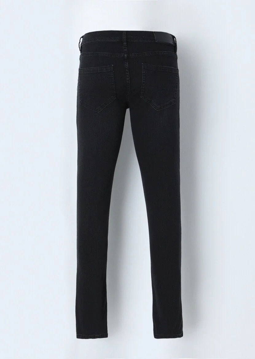 Siyah Düz Slim Fit Denim Pamuk Karışımlı Pantolon - 3