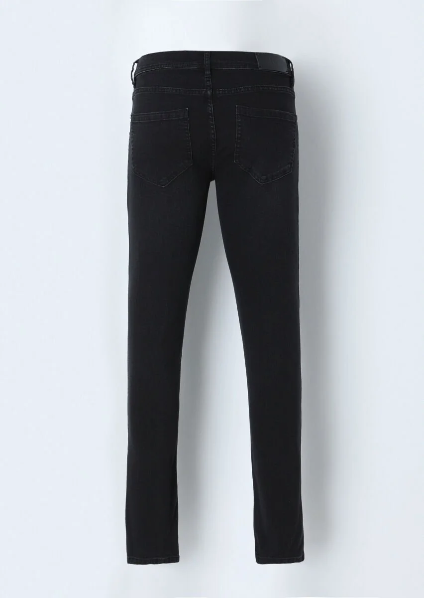 Siyah Düz Slim Fit Denim Pamuk Karışımlı Pantolon - 3